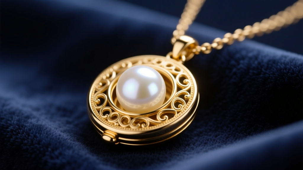 18k yellow gold pearl locket necklace on navy velvet, featuring a single 8mm white Akoya pearl under soft, warm studio lighting.