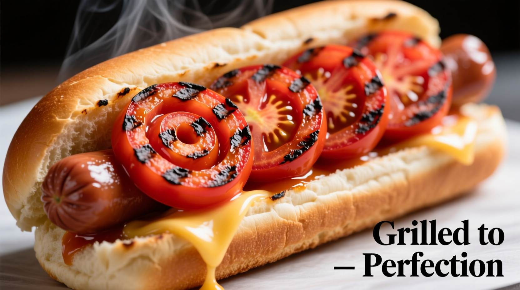 Perfectly grilled tomato dog with spiral tomato pattern on bun