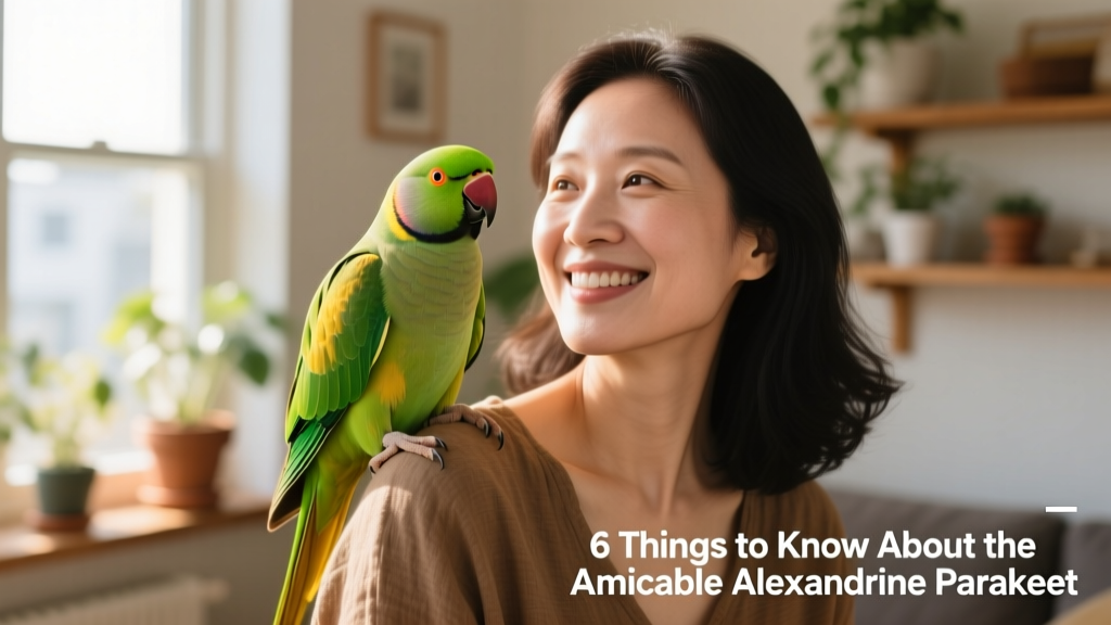 Alexandrine parakeet perched confidently on a person's shoulder, head tilted playfully