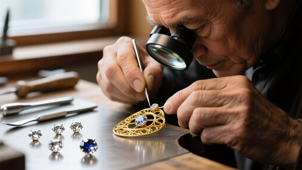 Close-up of a master bench jeweler's hands using a loupe and tweezers to inspect a platinum diamond engagement ring setting