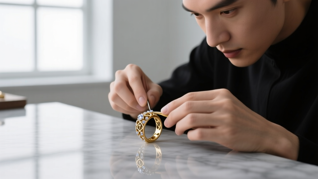A jeweler's hands using an XRF analyzer gun to test the gold content of a bulk lot of liquidation gold fill bangles on a steel workbench.