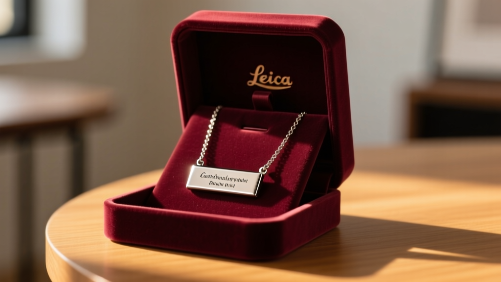Custom engraved steel bar necklace with a hidden message, inside an open velvet box illuminated by warm golden hour lighting.