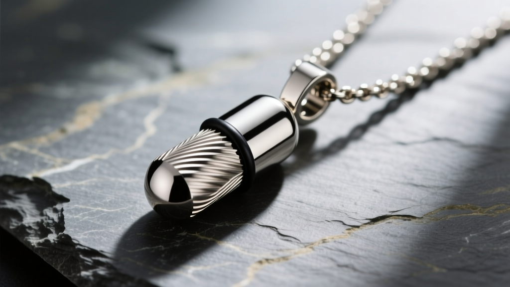 Macro shot of a steel pill necklace pendant on slate, showing precise CNC threading and a black nitrile O-ring seal.