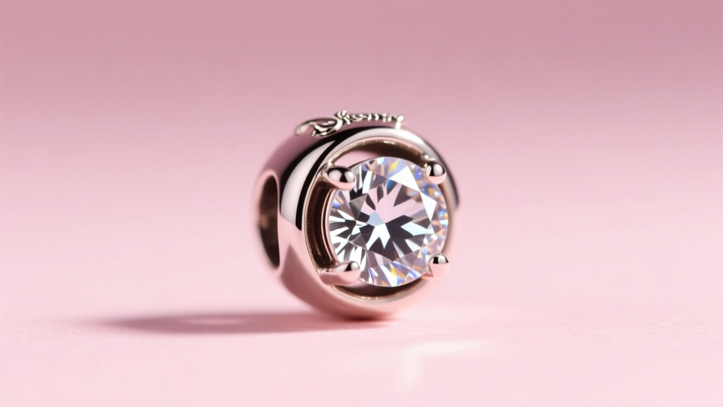 Close-up of a Pandora Disney charm with a single lab-grown diamond in a bezel setting against a soft pastel pink background