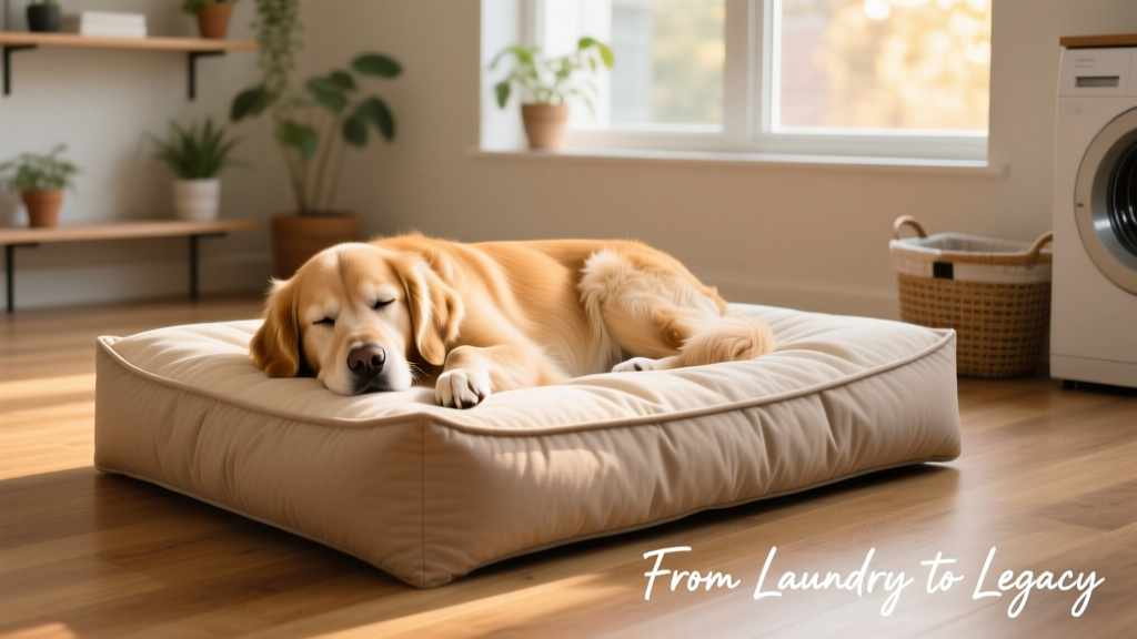 A stylish, removable duvet-style dog bed cover in soft neutral tones, draped over a plush rectangular bed with a dog resting peacefully on top