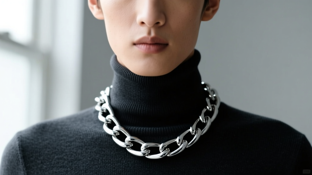 Close-up of a model wearing a thick 5mm blackened sterling silver curb chain necklace against a dark charcoal turtleneck sweater