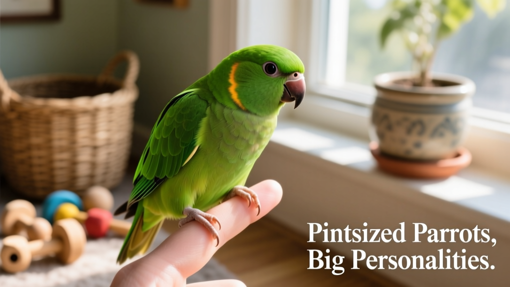 Close-up of a green-rumped parrotlet perched on a finger, showing vibrant green plumage and expressive eyes