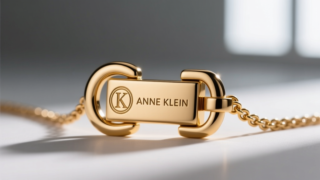 Macro photography of the stamped copyright symbol and ANNE KLEIN text on the back of a brass gold-plated necklace toggle clasp.