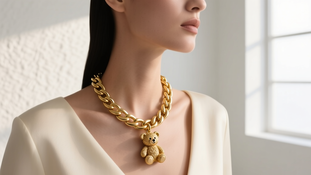 Model wearing a chunky 4mm gold Cuban link chain with a small, textured teddy bear charm resting elegantly at the collarbone.