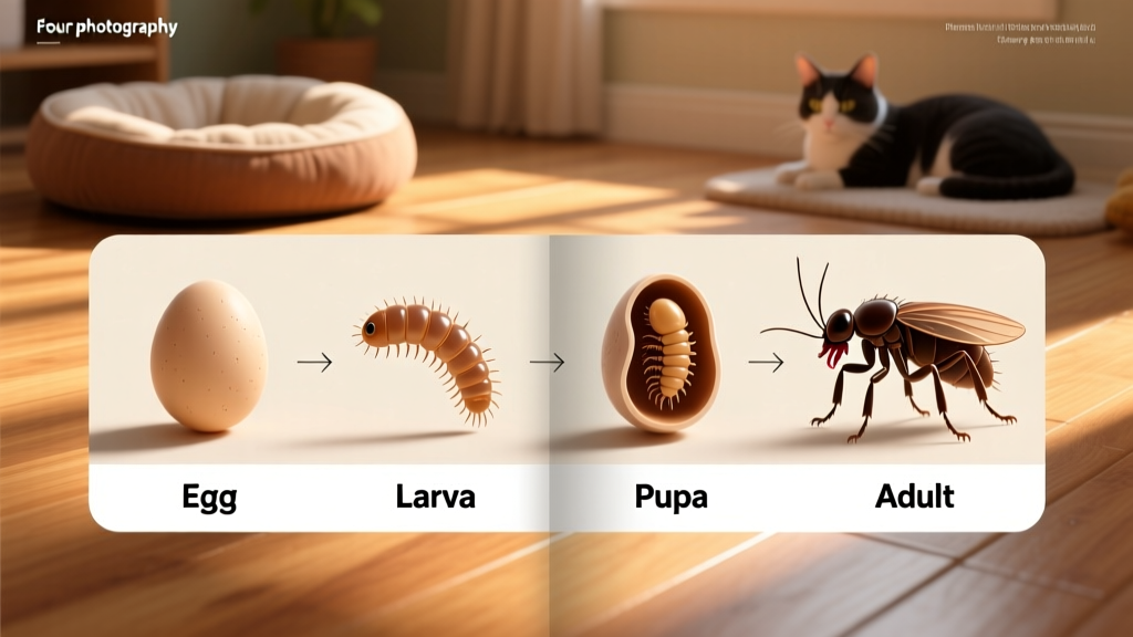 Diagram illustrating the four-stage flea life cycle: egg, larva, pupa, adult