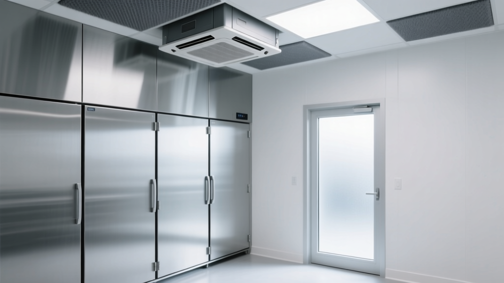 Commercial walk-in cooler interior showing thick polyurethane insulated metal panels and acoustic vibration dampeners on the ceiling compressor mount
