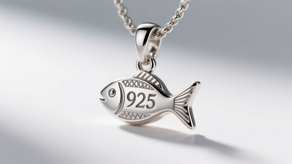 Extreme macro photography of a tiny 925 hallmark stamped on the jump ring of a silver fish pendant, shot with a 100mm macro lens