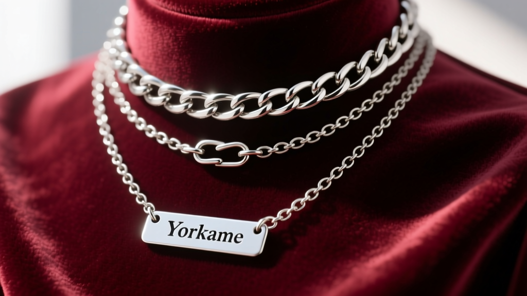 Layered Y2K necklace stack with a 4mm silver Cuban link, delicate paperclip chain, and custom nameplate pendant resting on velvet