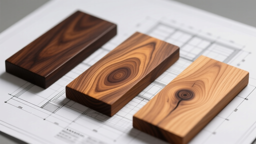 Close-up of three distinct walnut wood samples showing varying grain patterns and heartwood colors arranged on an architect blueprint