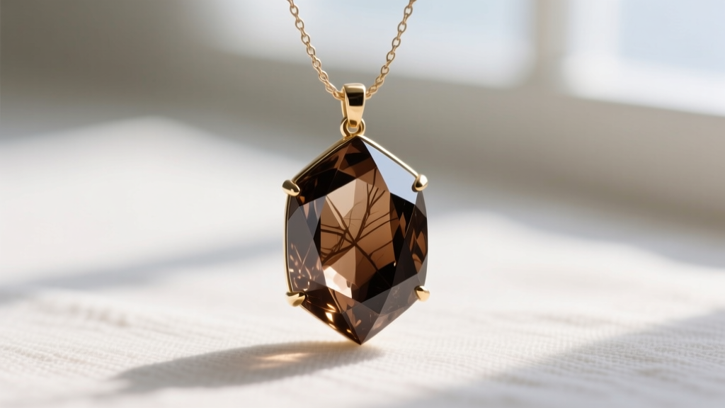Macro shot of faceted smoky quartz in a brushed brass bezel on a delicate cable chain, highlighting its deep brown inclusions.