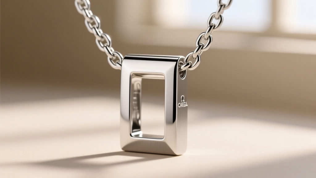 Macro shot of a silver omega chain threading through a wide rectangular pendant bail, highlighting the precise metal clearance gap