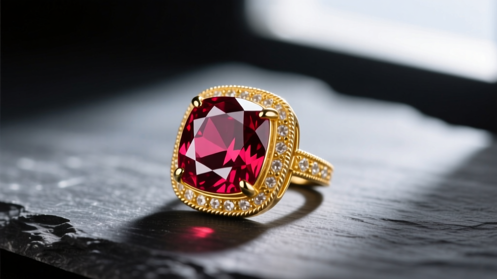 Macro photography of a faceted pigeon blood ruby pendant set in 18k yellow gold, resting on dark slate with dramatic side lighting.