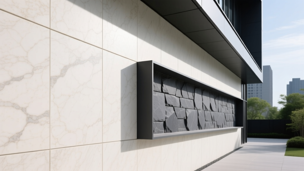 Cream limestone veneer stone panels on a modern exterior wall contrasting with dark gray manufactured stone cladding accents.