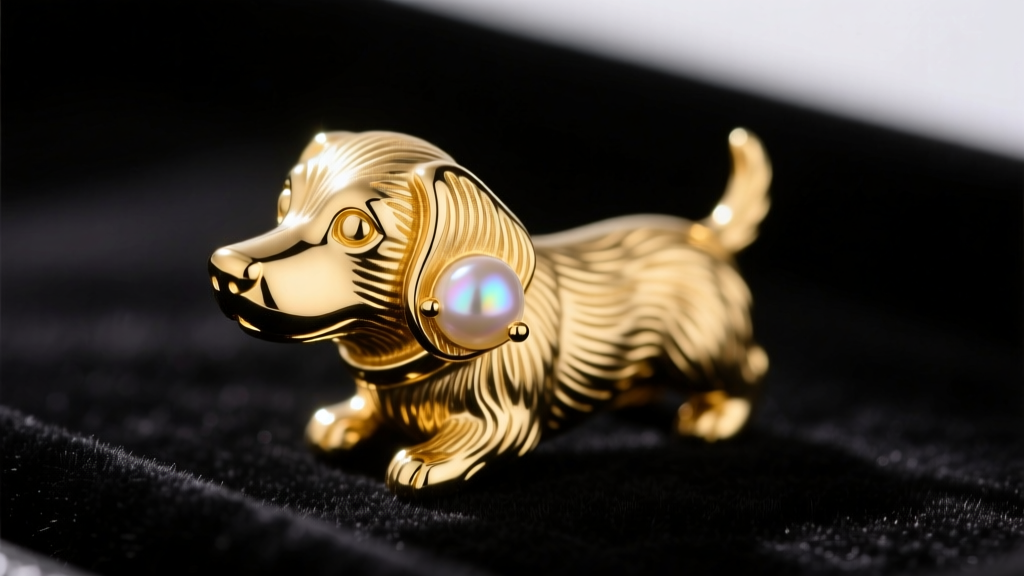 Close-up macro photograph of a 14k yellow gold dog with a pearl earring motif stud, featuring a 3mm Akoya pearl, on dark velvet.