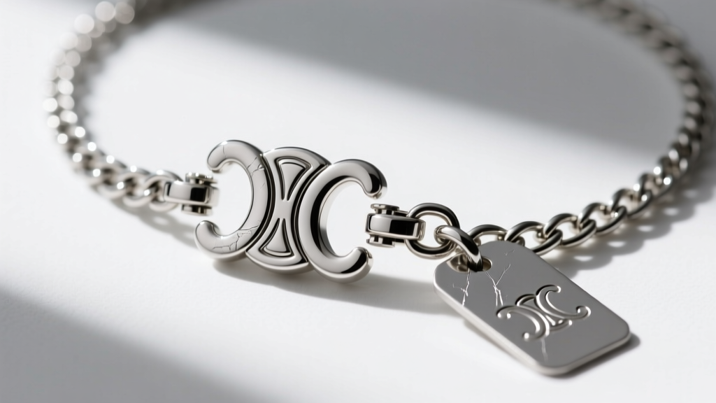 Close-up of a lobster clasp and extender chain on a silver Celine Triomphe necklace, showing the stamped logo on the metal tag