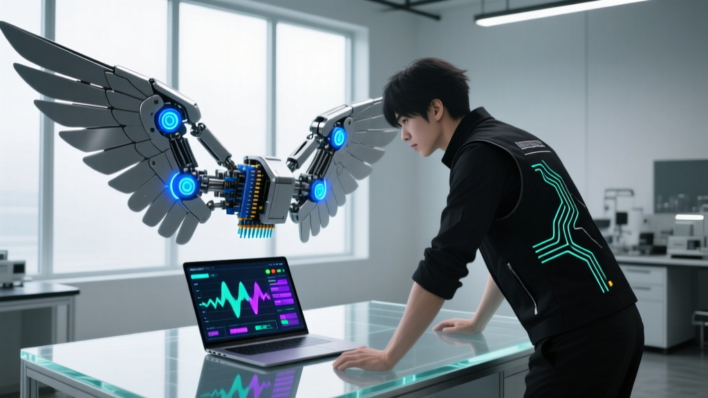 Cosplay technician testing a serial bus servo array on a mechanical anime wing frame using a laptop diagnostic software interface