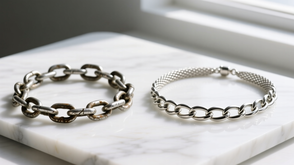 Side-by-side view of a kinked vintage mesh chain and a pristine foxtail mesh necklace resting on a smooth white marble slab.