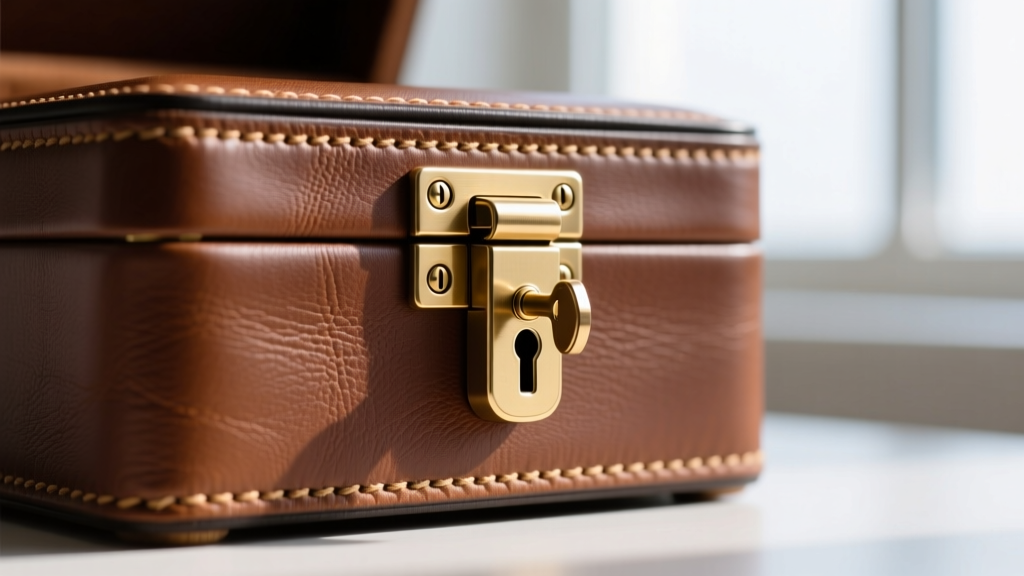Macro shot of solid brass piano hinges and a keyed lock on a premium leather-wrapped jewelry box stand, highlighting stitching.