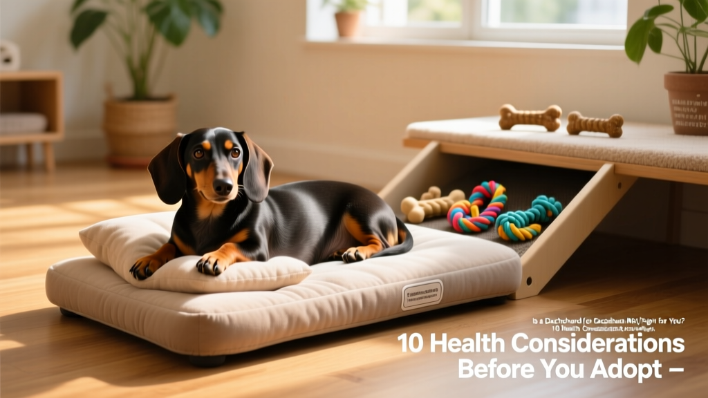 A Dachshund comfortably resting on a supportive orthopedic bed, with a ramp nearby and chew toys within reach