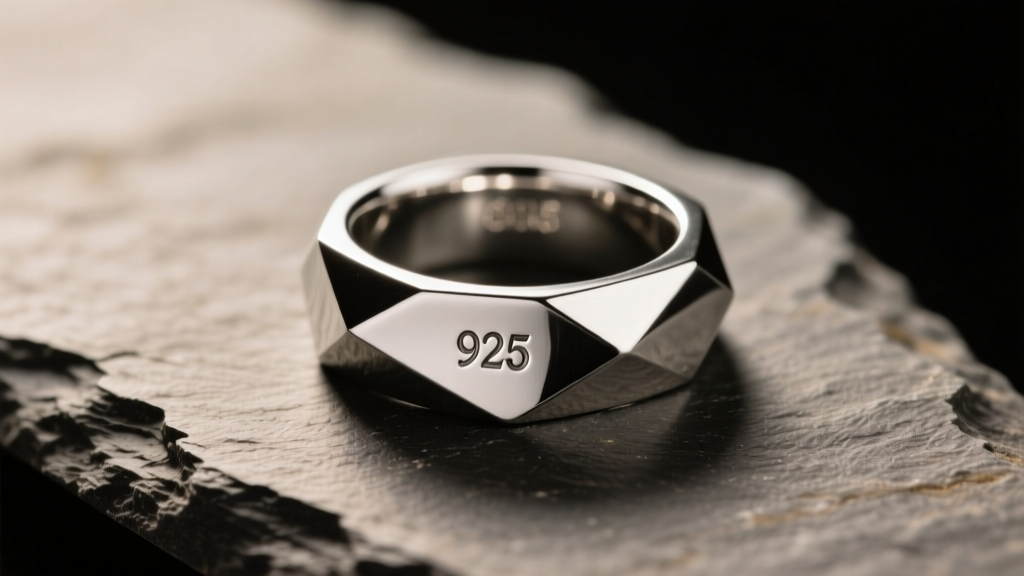Brutalist 925 sterling silver ring on slate, showing the 925 hallmark sharply focused under moody, directional studio lighting.