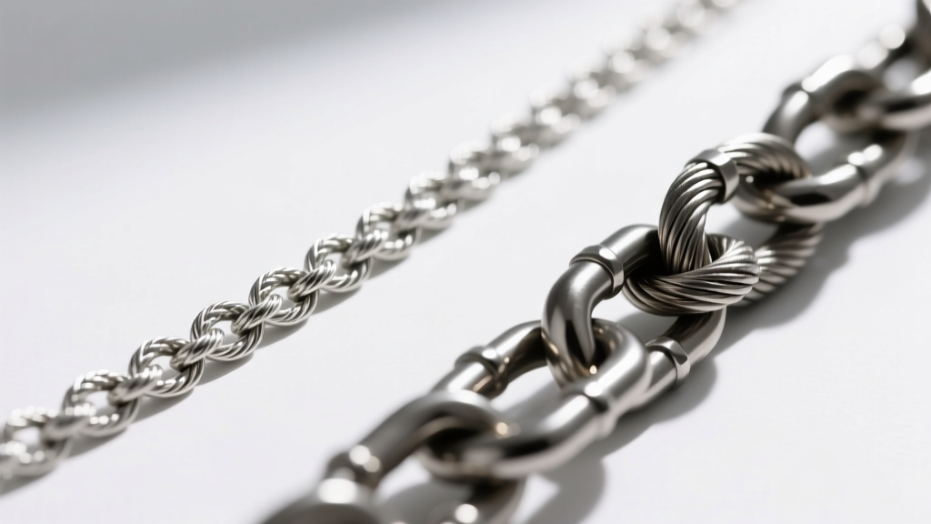 Macro shot of a silver rope chain beside a titanium cable chain, showing differences in link thickness, texture, and metal density.