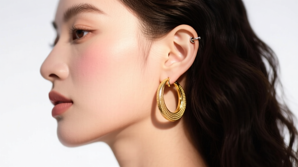 Side profile of a woman wearing delicate RLL gold hoop earrings in a healed cartilage piercing, illuminated by warm studio light.