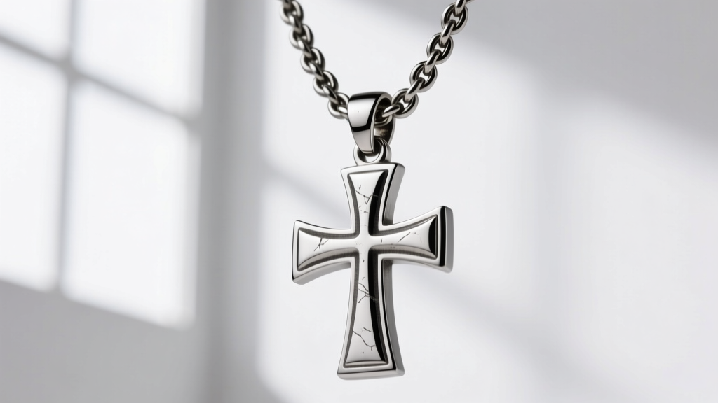 Macro shot of a 316L stainless steel Templar cross pendant attached to a thick wheat chain with a secure lobster clasp mechanism.