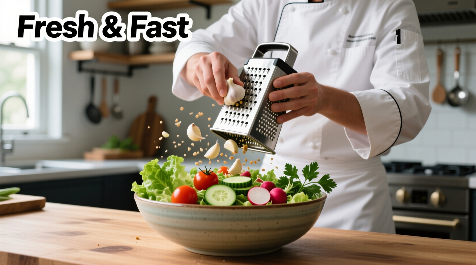 Chef using garlic grater salad bowl with fresh ingredients