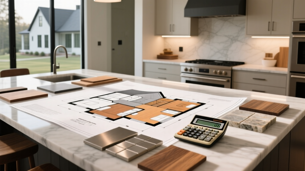 Architectural blueprints for a sprawling 5-bedroom modern farmhouse spread across a kitchen island with material samples and a calculator