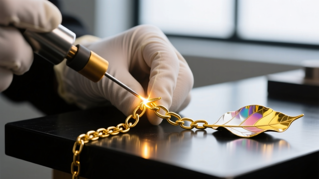 Macro shot of a jeweler using a laser welder to repair a broken 10k yellow gold chain link near a delicate tri-color gold leaf
