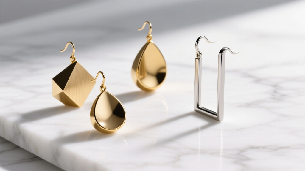 Flat lay of geometric brass, teardrop gold, and linear titanium dangling earring styles arranged neatly on a white marble surface