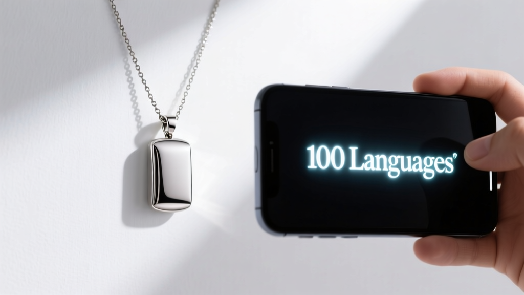 Phone screen capturing the hidden 100 languages message projected from a titanium necklace pendant against a plain white wall