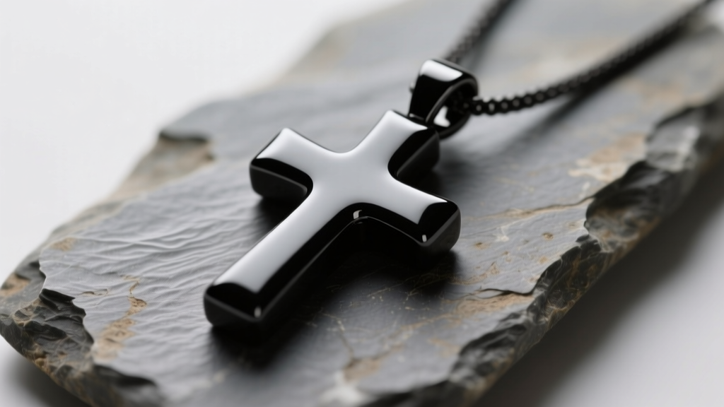 Macro shot of a matte black zirconia ceramic cross pendant on slate, lit by soft studio light to reveal the smooth surface texture.