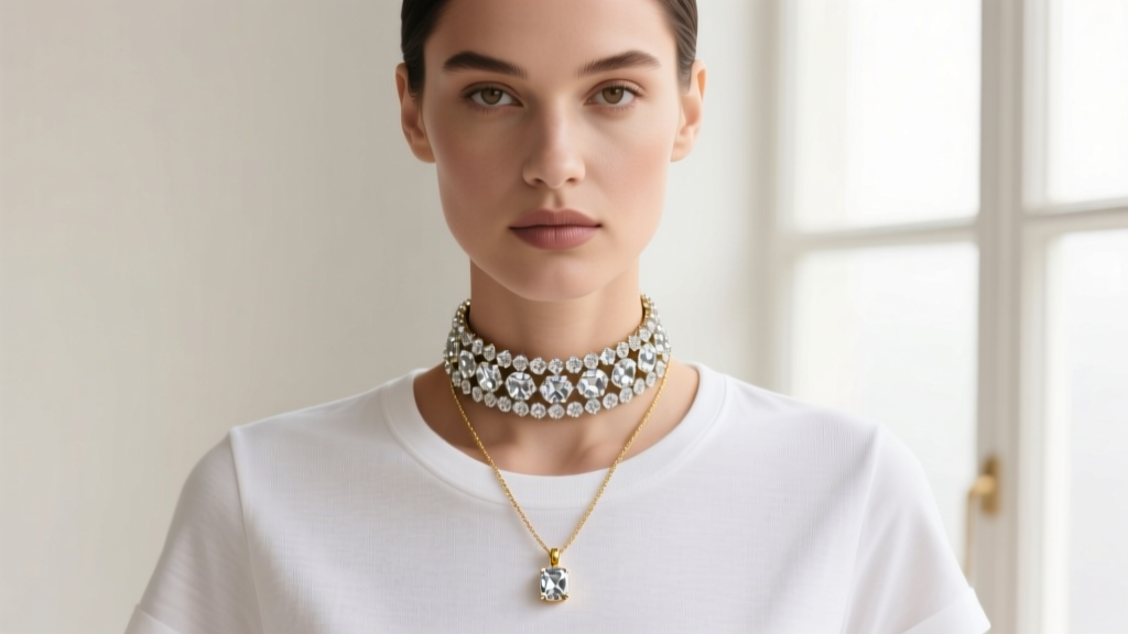 Fashion portrait of a chunky diamond choker layered with a delicate gold pendant necklace against a crisp white cotton t-shirt.