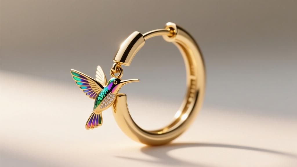 Macro shot of an 18-gauge gold hinged clicker hoop showing an integrated hummingbird charm and secure locking latch