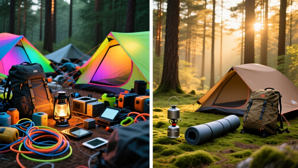 Split-screen comparing a cluttered beginner campsite full of RGB gadgets to a minimalist expert setup with ultralight gear in a pine forest.