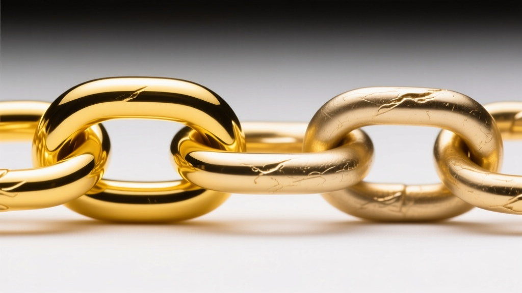 Macro shot comparing a bright 18k gold chain link to a paler, highly durable 14k gold chain link under bright studio lighting