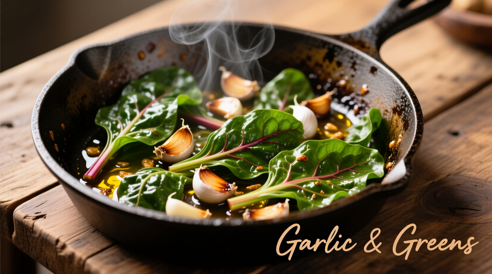 Sautéed beet leaves with garlic in cast iron skillet
