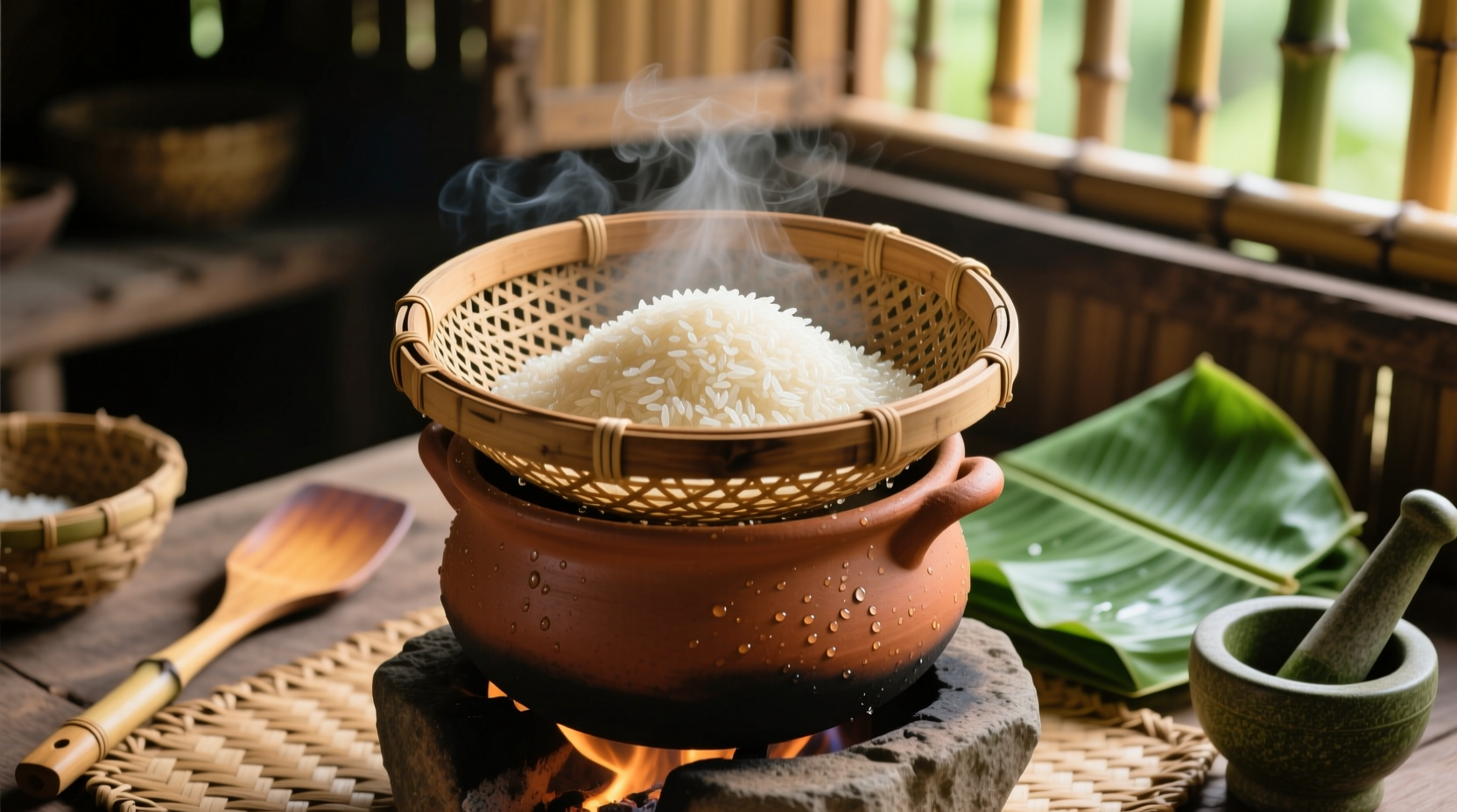 make thai sticky rice using a colander and a pot