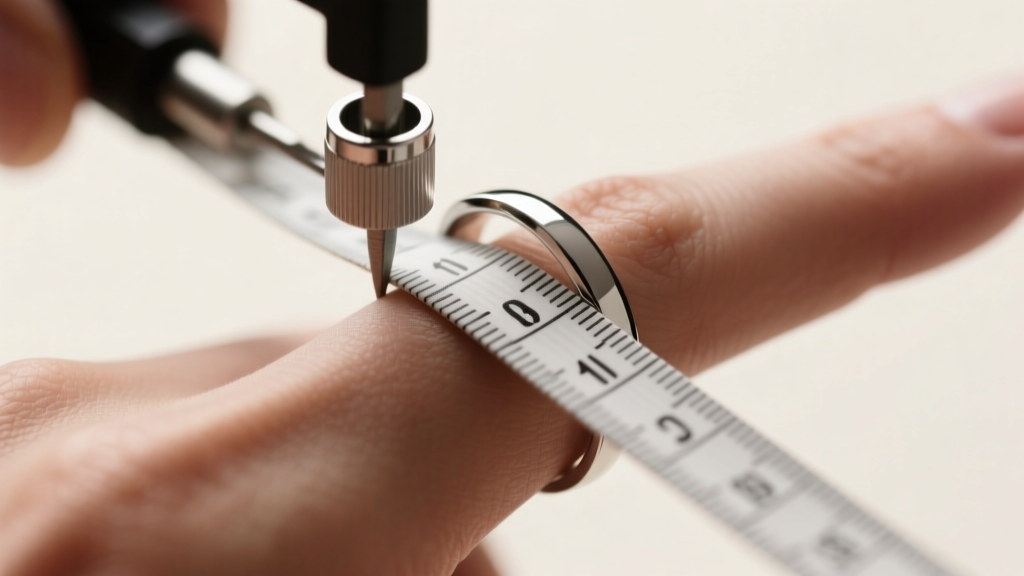 Macro shot of a mandrel measuring a silver ring band alongside a flexible tape wrapping around a knuckle for drape length.