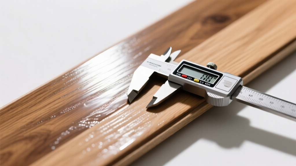 Close-up macro shot of a UV-cured aluminum oxide hardwood flooring finish being inspected with a mil thickness gauge on white oak planks.