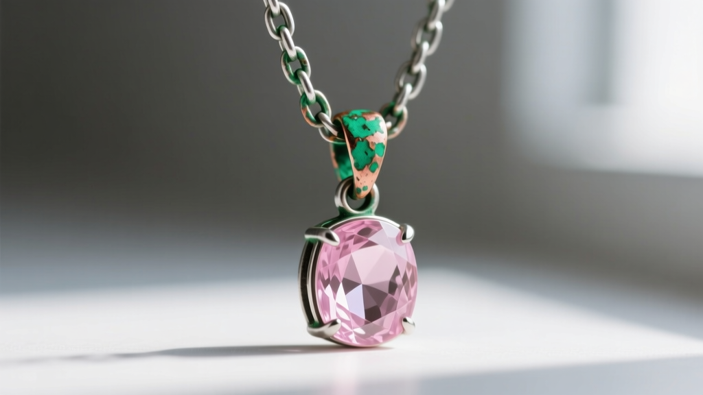 Macro shot of a tarnished silver chain attached to a pink morganite pendant, showing green copper oxidation near the jump ring.