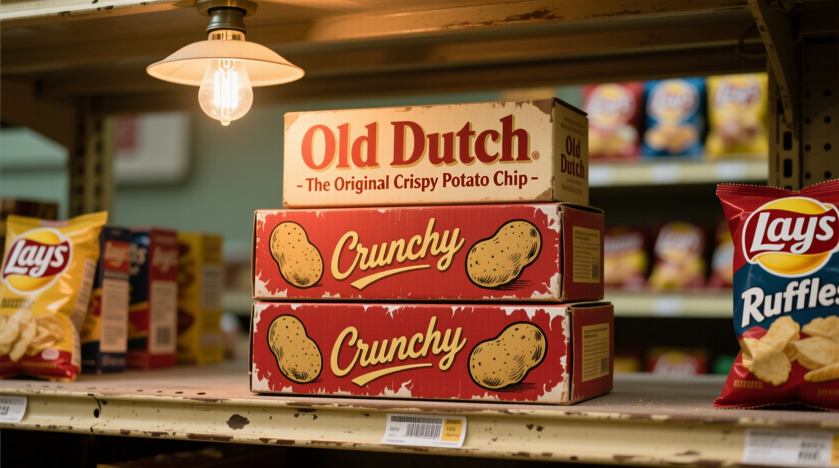 Vintage Old Dutch potato chip packaging display