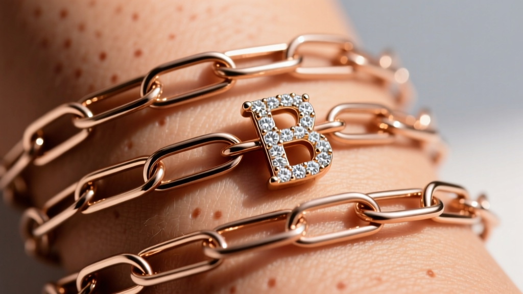 Layered 14k rose gold paperclip chain stack featuring a diamond-pavé alphabet character pendant resting against natural warm skin.