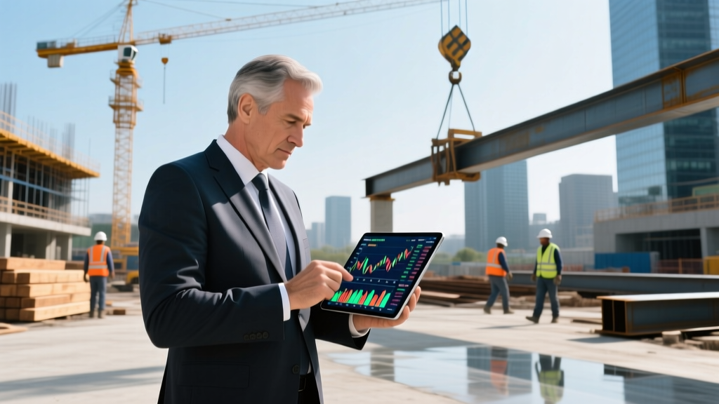 Financial analyst reviewing digital charts of lumber and steel price fluctuations on a tablet at a busy commercial construction site